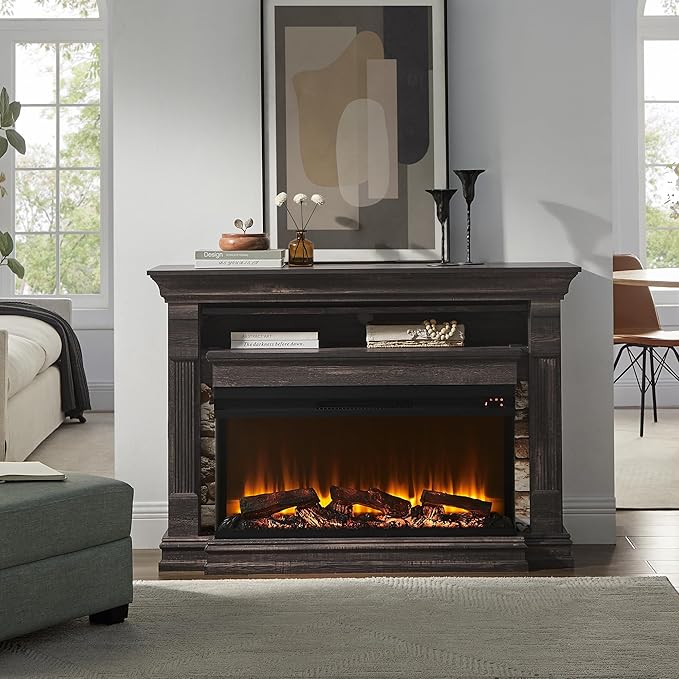 OKD 52 Inch Electric Fireplace with Mantel, Fireplace TV Stand with 36" 3-Sided Glass Electric Fireplace Heater for Living Room, Dark Rustic Oak