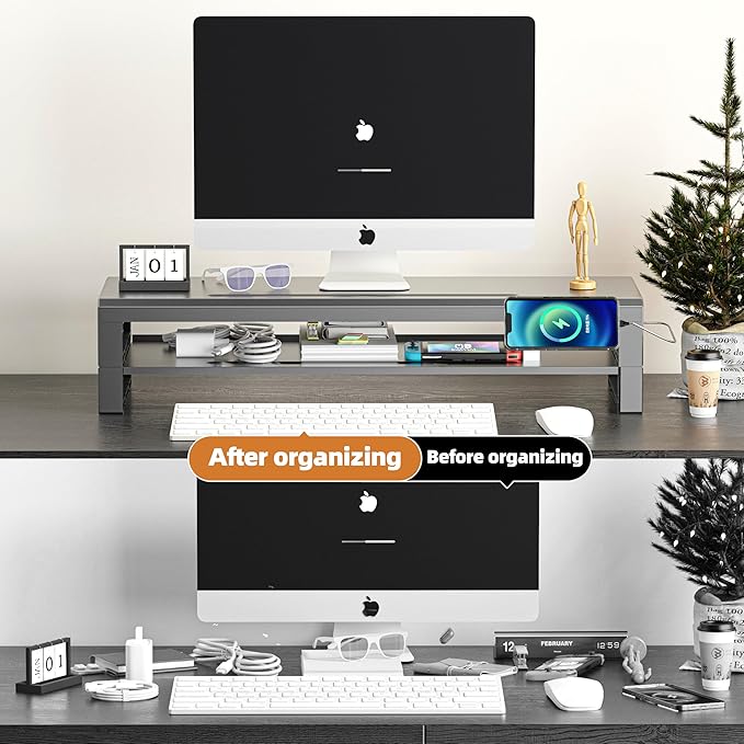 GECKOSTROLL 2-Tier Metal Computer monitor stand Laptop Desk Shelf & Monitor Riser ，27.55 inches long desk riser ,22W charging power, 2 USB 3.0 ports, and 1 USB 2.0 port Monitors/PC/Laptop/Computer Space Saver Organizer(USB Hub Fast Charging Version, Tw...
