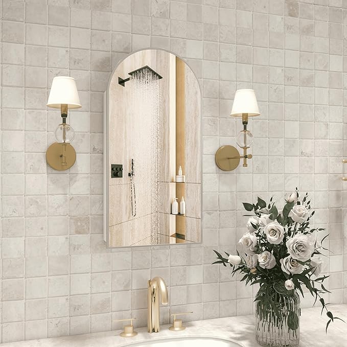 Silver Medicine Cabinet with Arched Mirror, Left or Right Opening, Mirrored Medicine Cabinet Wall Mounted, Bathroom Vanity Mirror with Storage, Adjustable Shelves, Not Recessed, 16x32 inch