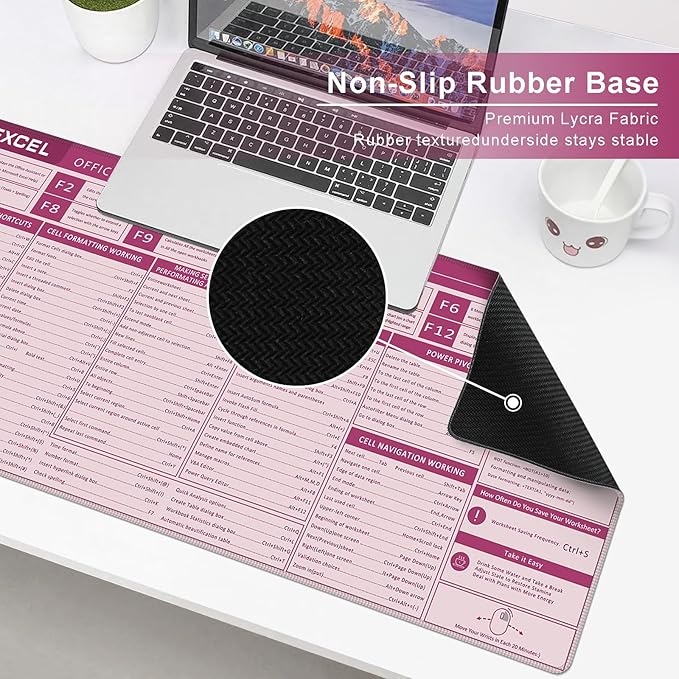 Baziabbo Office Desk Mat, Excel Cheat Sheet Keyboard Mat, Excel Shortcut Desk Pads,Non-Slip Excel Mousepad with Stitched Edges for Computer (Sheet Pink)