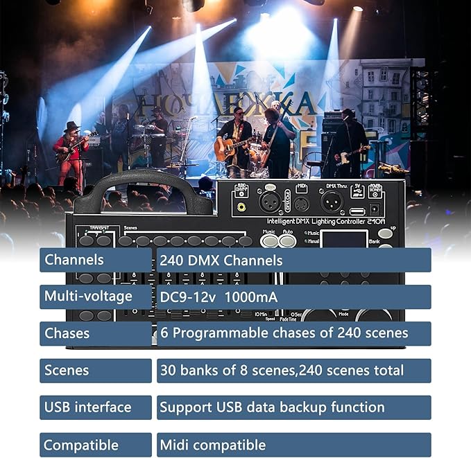 DMX Lighting Console, 240 Channels DMX 512 Controller for dj Lights, Equipped with USB Data Backup Function Black