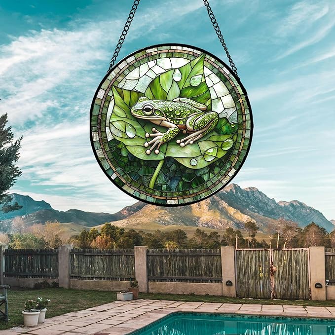 CRISGIF Stained Glass Window Hanging - Cute Frog Suncatcher for Doors Garden Patio Green Leaves Sun Catchers Decor Christmas Mother's Day Birthday Gifts for Women Men Mom Nana Boy Friend 9.8 in