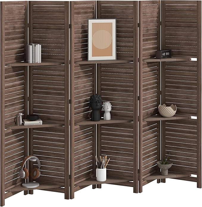 HOMCOM Room Divider, 6 Panel 67" Tall Wood Privacy Screen with 3 Display Shelves, and Folding Storage for Bedroom or Home Office, Walnut