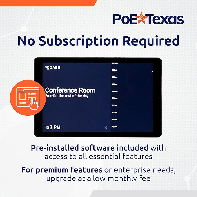 PoE Texas 8" Touchscreen Meeting Room Scheduler Tablet (No Subscription Required) - Plug and Play PoE Office Conference Room Scheduler - Digital Display Syncs with Business Calendar