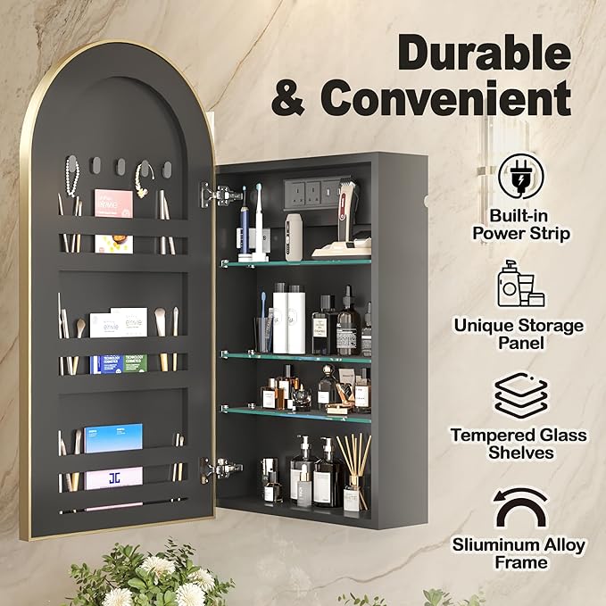Gold Bathroom Medicine Cabinet with Mirror,Arched Bathroom Cabinet with Outlets,Vanity Mirror with Storage,Wall Mounted Medicine Cabinet with Adjustable Shelves,2 Power Outlets,16X32 Inch