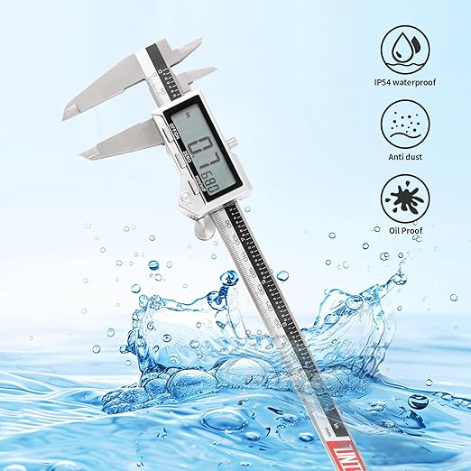 Unipec 8 Inch/ 200mm IP54 Grade Stainless Steel Digital Caliper & Stainless Steel Rule, Inch/Millimeter/Fraction Conversion, Large LCD Screen