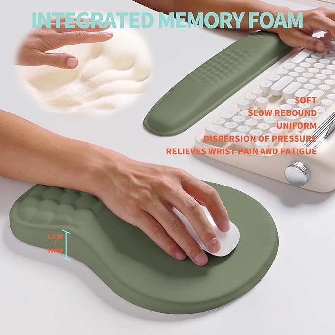 KUOSGM 2-in-1 Ergonomic Set, Wave Rise Keyboard Wrist Rest and Massage Bulge Slope Mouse Pad Wrist Support, Cushion Memory Foam Integrated to Relieve Wrist Pain, Olive Green