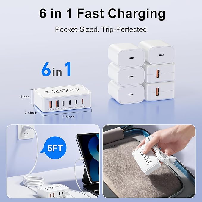 USB C Charger Block, 120W GaN 6-Port Charging Station, 5FT Cord Type C Charger Fast Charging for iPhone 17/16/15/14, iPad, Galaxy, Pixel,etc