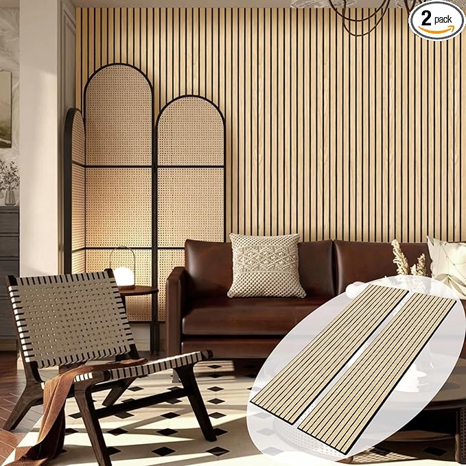 ARMURO Wood Slat Wall Panel 2 PCS - Extra-Long Wood Wall Panels for Soundproof Home & Office, Easy Peel and Stick Acoustic Panels for Noise Cancelling (Oak 11.8"W x 94.5"L)