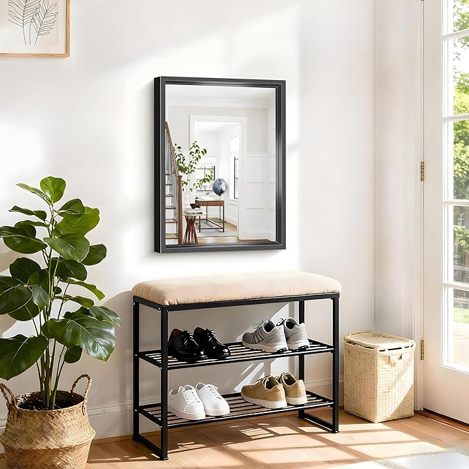 Black Bathroom Mirror, 18x24 Inch Rectangle Mirrors for Wall, 0.6" Thickened Deep Frame, Brushed Black Mirrors for Over Sink, Shatterproof Tempered Glass, Antirust, Horizontally or Vertically
