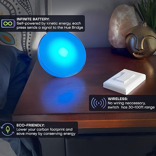 RunLessWire Click for Philips Hue – Battery-Free Wireless Smart Light Switch, 30ft Range – Works Natively with Philips Hue Bridge – Wall Mount Kinetic Switch - Decora Style, Light Almond