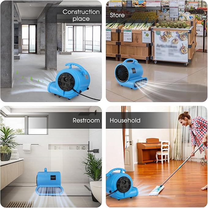 blessny 1/2 HP ETL Listed Carpet Dryer Fan, 2600 CFM Air Blower Mover for Home Drying, 15 Ft Long Cord Portable Floor Blower Fan with 3-Speeds Daisy Chain Function (Blue)