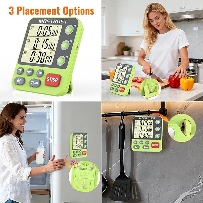 MOSTRUST Digital Dual Kitchen Timer, 3 Channels Countdown Triple Timer for Cooking, Magnetic Memory-Preset Large-Display Adjustable Alarm Volume, Multi Times Management, 3A Battery Included, Green