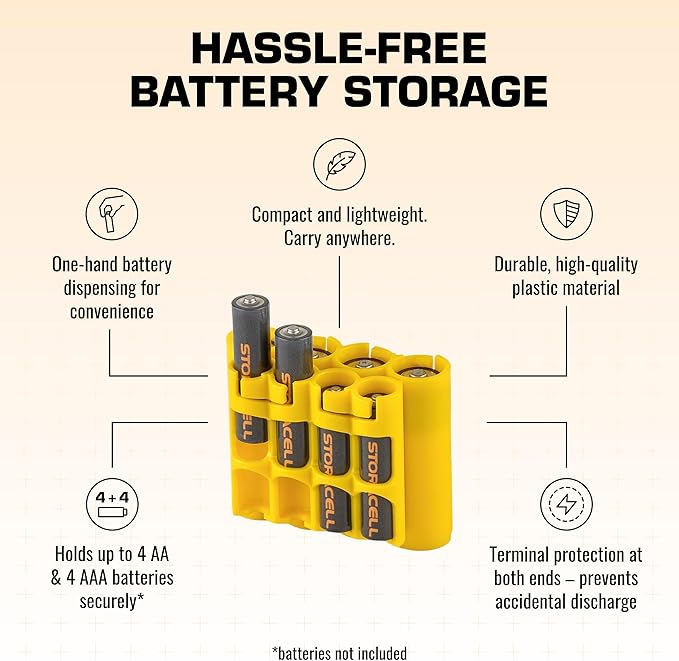 Storacell AA + AAA Combo Battery Storage Caddy and Dispenser, Yellow, Holds 4 AA + 4 AAA Batteries (Not Included), Durable & Compact Design, The Original Battery Caddy, Made in The USA