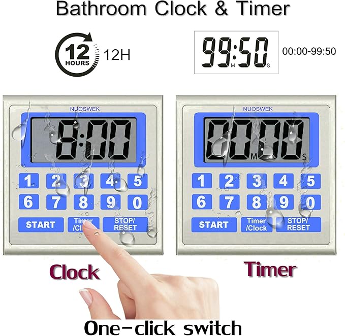NUOSWEK Digital Timer Waterproof Shower Timer Shower Clock Direct Digit Entry Bathroom Kitchen Timer with Strong Magnet and Large LCD Display (Waterproof 13 Key)