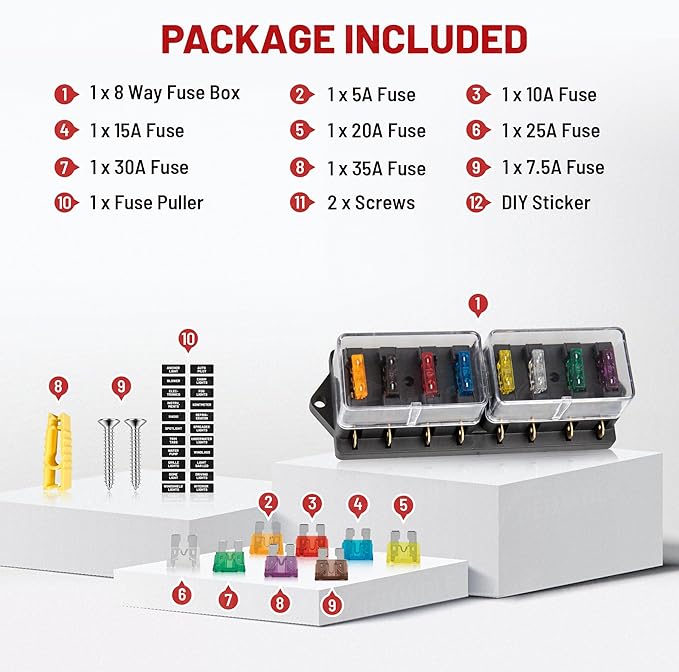 RED WOLF Car 8-Way Blade Fuse Block Box Standard Circuit Fuses for Boat Marine Auto RV Car Trailer Truck SUV Power Distribution Panel Damp-Proof Cover DC 10-32V, Waterproof