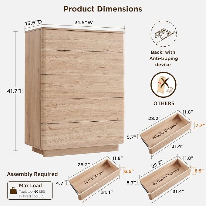 JXQTLINGMU 5 Drawer Dresser for Bedroom, 42" Tall Modern Wood Dressers, Push-to-Open Chest of Drawers for Closet Organizers & Storage, Curved Profile Design,Natural Oak