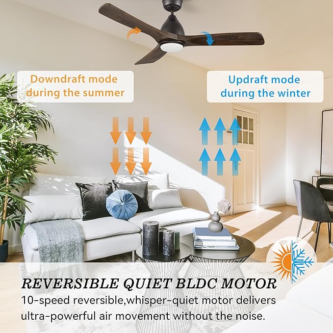 SMAAIR 48" Smart Ceiling Fan with Lights and Remote,Low Profile Modern Ceiling Fan,3 Solid Wood Blades,Works with Siri/Alexa/Google Assistant,10 Speed DC Motor,Dimmable,Indoor Use,Brown Walnut