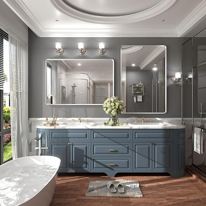 40x36 Inch Nickel Bathroom Mirror for Wall, Rounded Rectangle Silver Paint Framed Bathroom Vanity Mirror, Anti-Rust, Shatterproof, Hangs Horizontally or Vertically