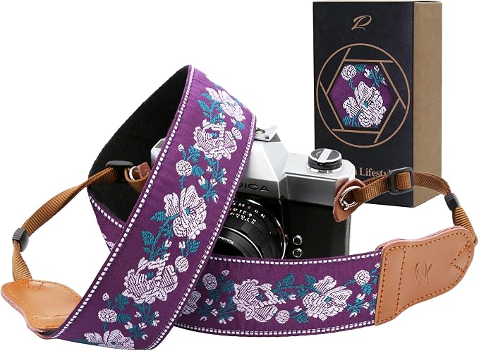 Padwa Lifestyle Purple Flowers Embroidered Camera Strap by PadwaLifestyleCameraStrap