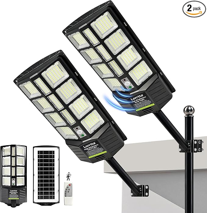 Lorrtta Solar Lights Outdoor Waterproof, 22 Inch Solar Street Light with 380 Ultra Bright 5730 LED, Solar Dusk to Dawn Lights with Remote Control, IP65 Motion Lights for Outside, Parking Lot (2 Pack)