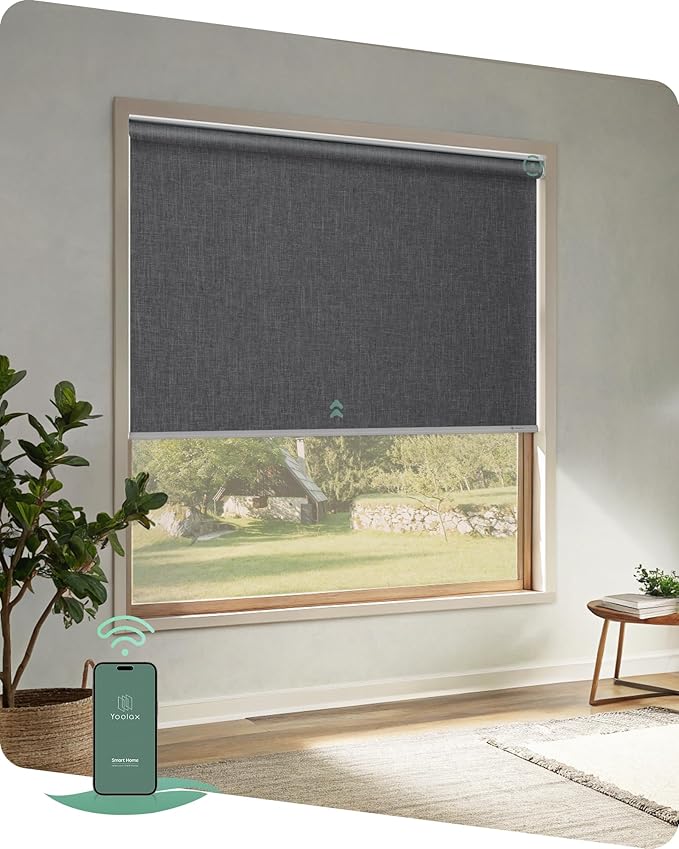 Yoolax Motorized Blinds App Control, Blackout Roller Shades for Windows, Cordless Automatic Shades Roller Window Blinds for Bedroom Living Room Office (Blackout Ashfall Gray, 31" W x 72" H)