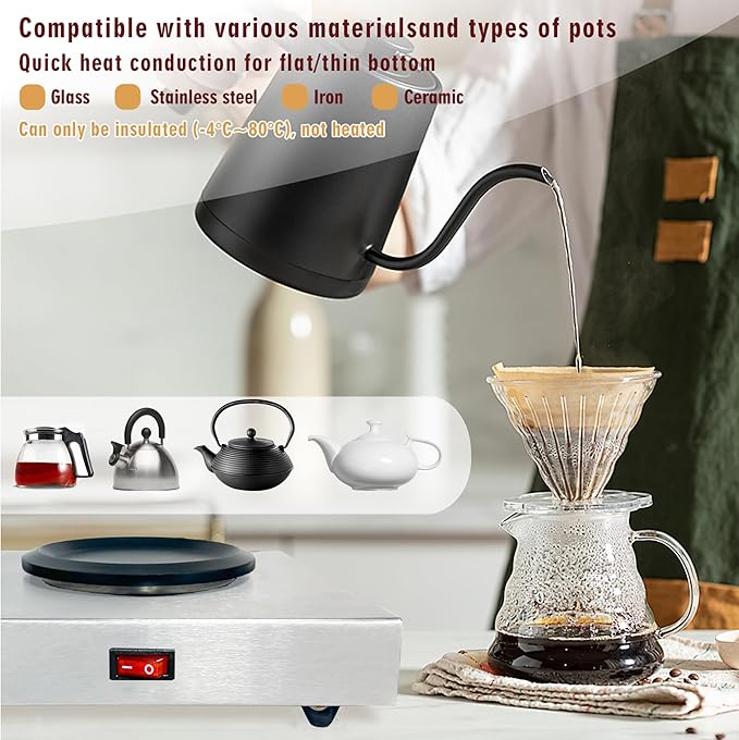 Commercial Coffee Warmer, 60W 176℉ Single Burner Decanter Warmer Plate, Stainless Steel Portable Warmer Single Burner, for Cafe, Break Room, Buffet and Commercial Use