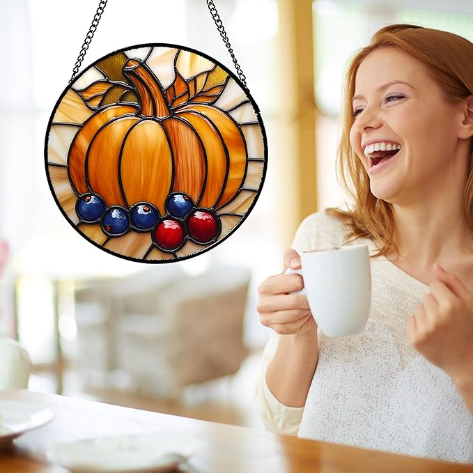 DASTOLL Stained Glass Window Hanging Fall Pumpkin Berries Large 15" - Suncatcher Door Garden Kitchen Sunroom Sun Catcher Autumn Home Decor Birthday for Mom Grandma Men Woman