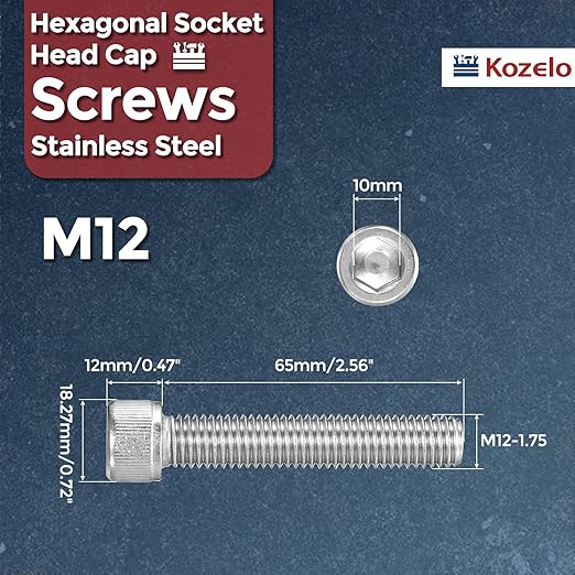 Kozelo 2pcs Socket Head Cap Screws - [M12-1.75 x 65mm] 304 Stainless Steel Allen Socket Drive for Electrical Motor 3D Printing Fan Engine Replacement Use, Silver