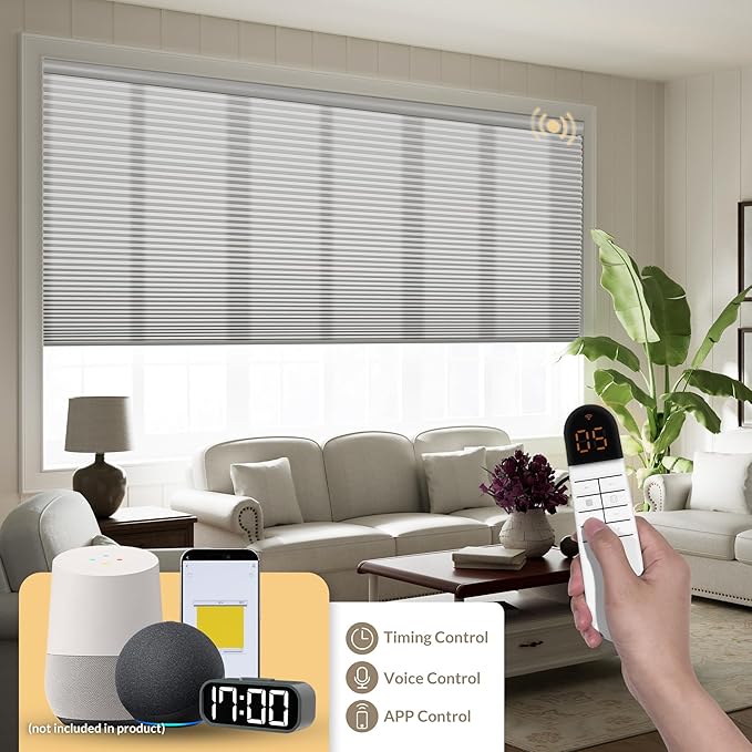 Boolegon No Drill Motorized Cellular Blinds With Remote Motorized Blackout Honeycomb Blinds For Indoor Windows Easy to Install Automatic Cellular Shades For Home,Light Filtering Light Gray,Custom Size