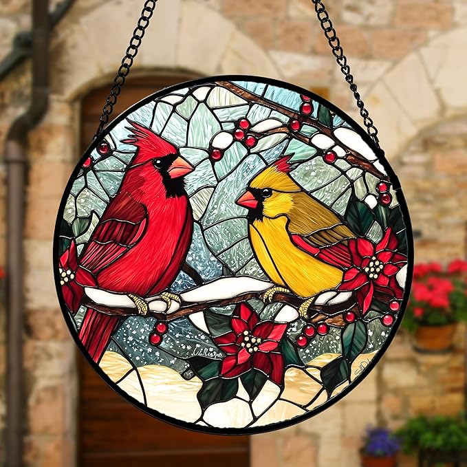 DASTOLL Stained Glass Window Hanging, Love Birds Cardinals Sun Catchers Colorful Glass Panel Birds Suncatcher Decor for Birthday for Women, Men, Wife, Lovers, and Mom 11.8x11.8 in