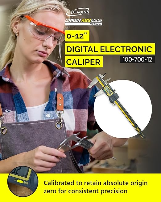 iGAGING Absolute Origin 0-12" Digital Caliper, IP54 Stainless Steel, SPC/USB Output Port, Inch & Metric Modes, Case, Manual, Battery