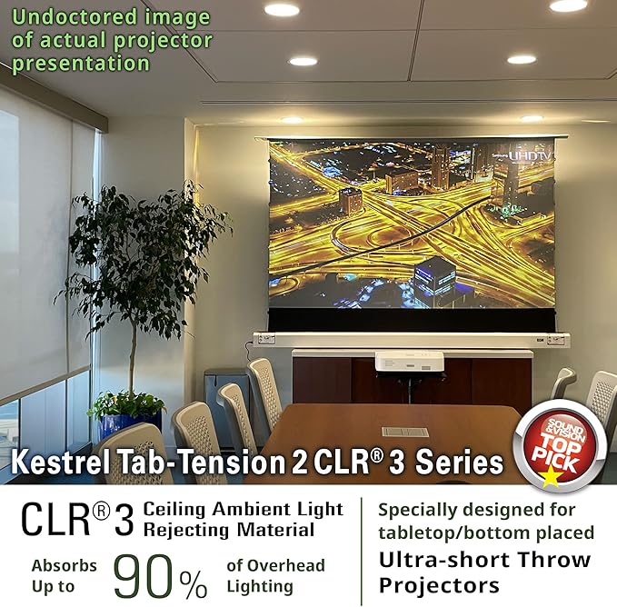 Elite Screens Kestrel Tab-Tension 2 CLR3, 121" 16:9, Ultra-Short Throw Ceiling Ambient Light Rejecting (CLR/ALR) Electric Floor-Rising Motorized Front Projector Screen, White Casing, FTE121XH3-CLR3