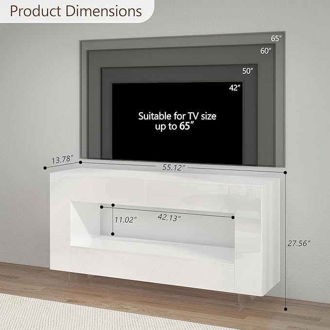 Vavkorkula High Gloss TV Stand for 65 Inch with 2 Large Drawers & Hidden Storage Cabinets, Modern Entertainment Center Television Stands for Living Room Bedroom, White