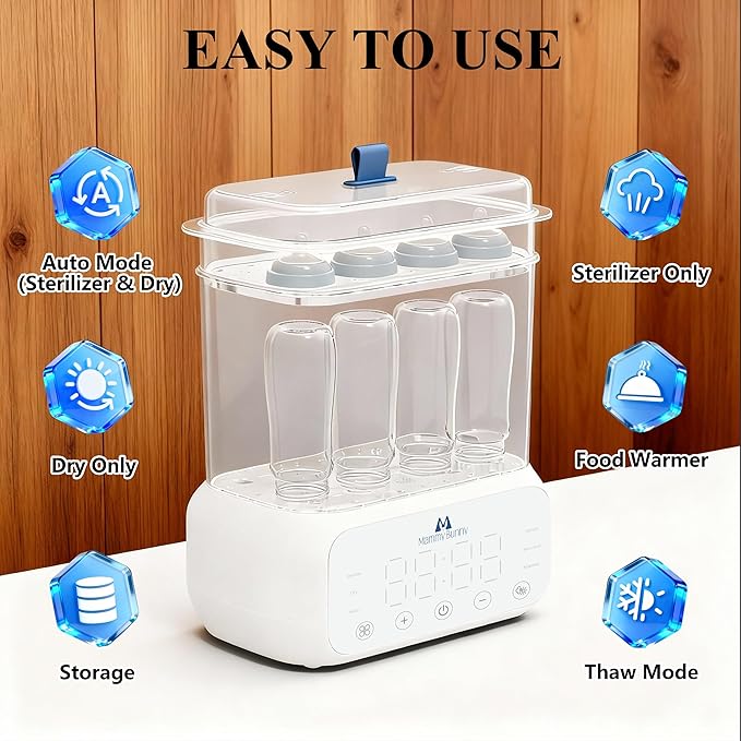 Mammy Bunny 3-in-1 Baby Bottle Sterilizer and Dryer – 6 Smart Modes with Fast Drying, Food Warmer & Storage – Fits 6–8 Bottles, Pacifiers & Pump Parts – BPA-Free