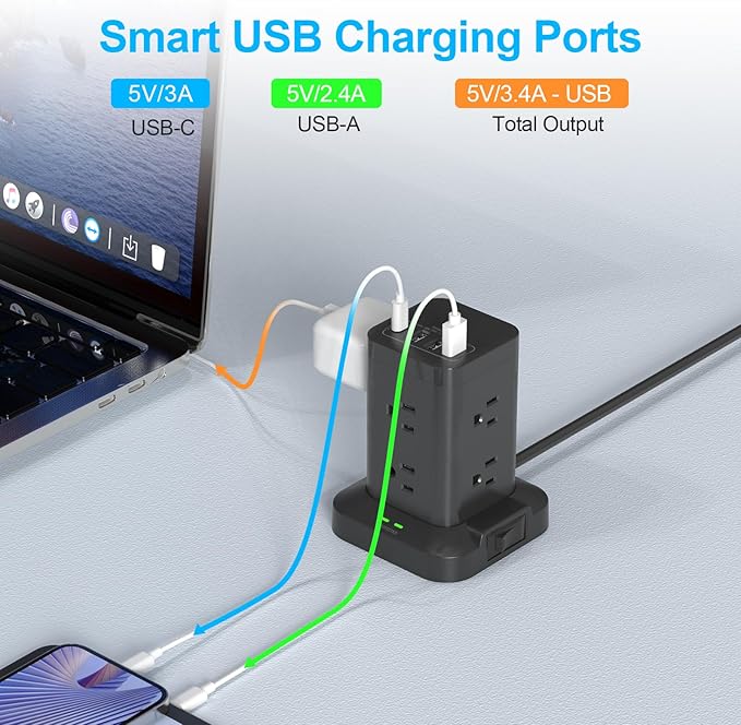 BEVA Power Strip Tower, Surge Protector with USB Ports, 6.5 FT Extension Cord, Charging Tower for Multiple Devices 8 AC and 4 USB(USB-C) for Office Supplies Dorm Room Essentials Office Organization