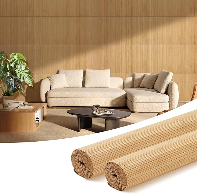 OUZUGIE 2 Pack 96x24 Inch Natural Bamboo Wall Panel – Twinned Carbides Pole Wrap Paneling for Walls, Ceilings, Cabinets, Furniture – Ideal for Bedroom, Living Room & Office DIY Decor