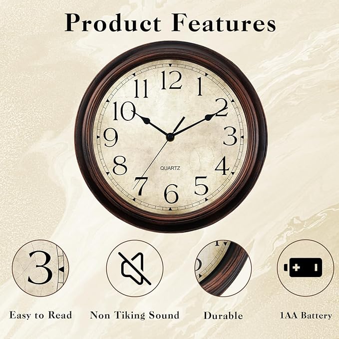 KECYET 14 Inch Wall Clocks Battery Operated Silent Non-Ticking Analog Wall Clock Vintage Retro Rustic Style Decorative for Living Room Kitchen Home Office(Bronze)