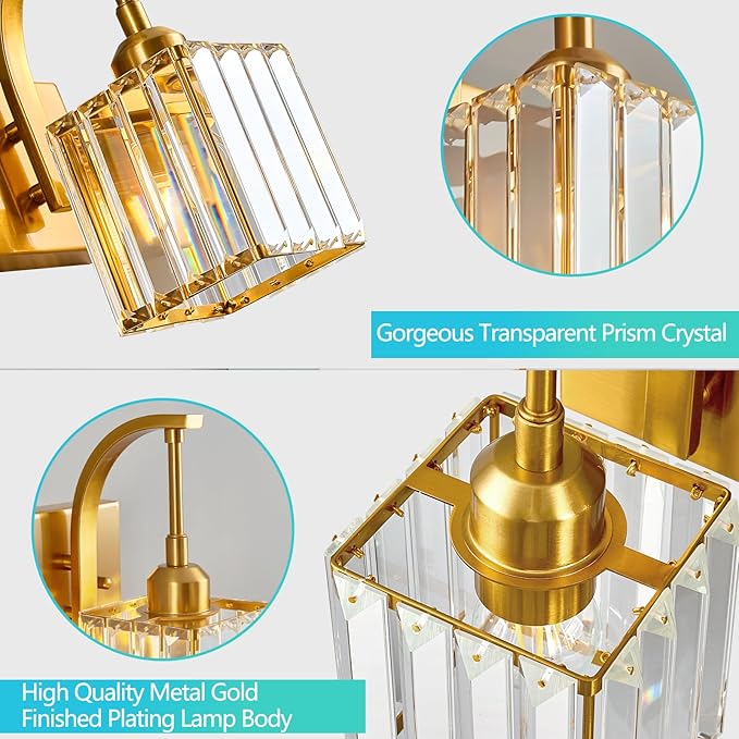 FDPBY Wall Sconces, Set of 2 Gold Crystal Vanity Lights, Modern Wall Lamp for Bathroom, Hallway, and Makeup, Easy Installation
