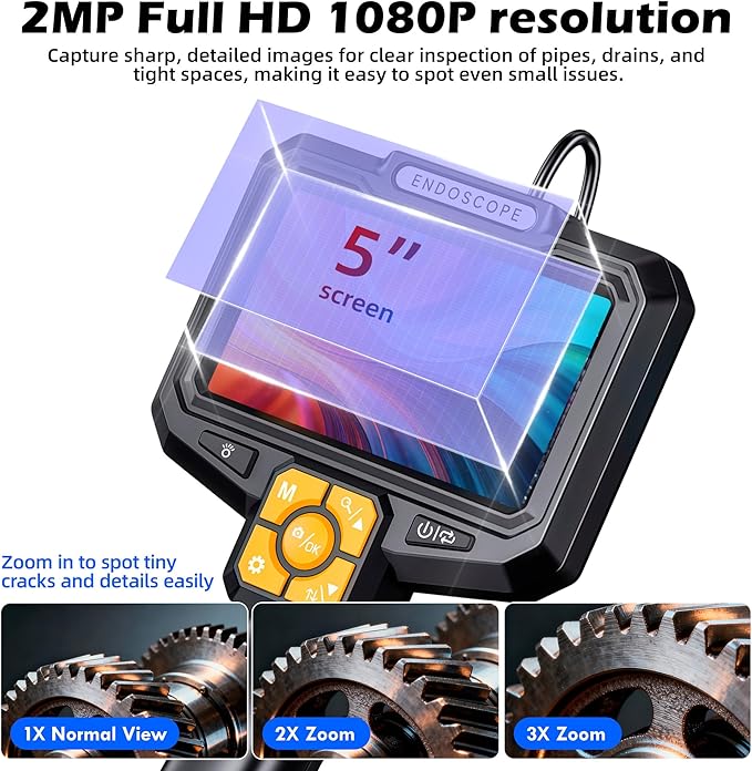 5" Dual-View Handle Endoscope Camera,2MP Front&Side Lens,IP67 Waterproof 5M Semi-Rigid Cable,360° Probe Control,4-Level LED,3X Zoom,Video&Photo Recording,Inspection Camera for Industrial Use,32GB Card