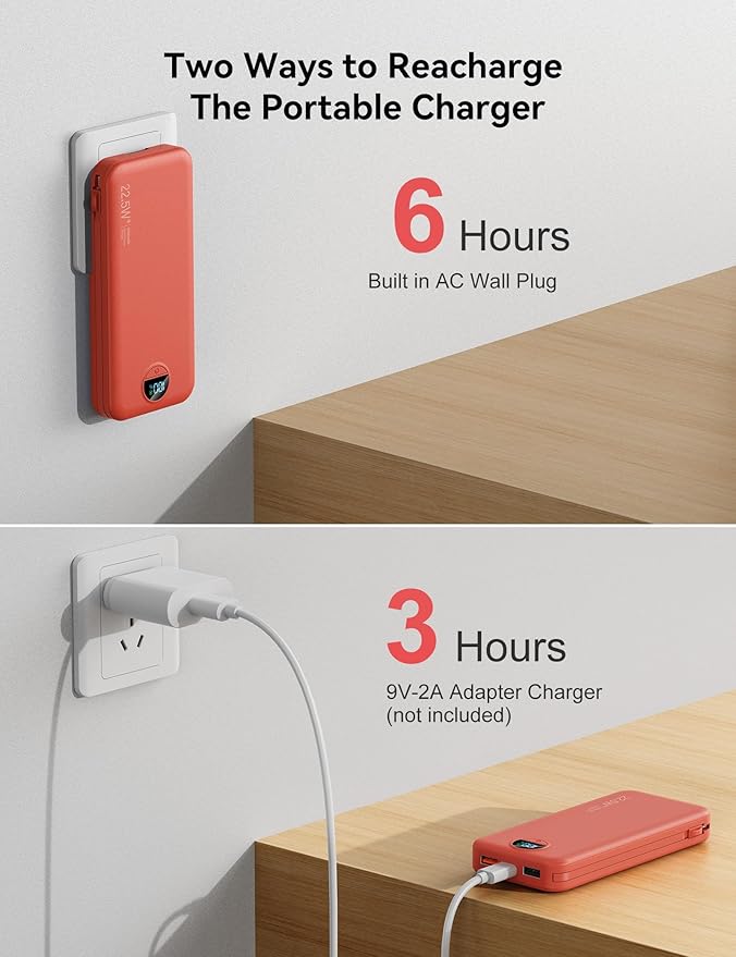Ultra-Portable-Charger-Power-Bank with Built in Cables&AC Wall Plug,12000mAh PD20W USB-C Fast Charging Cell Phone Charger Battery Pack,LED Display Travel Battery Bank for All iPhone,Samsung,Android