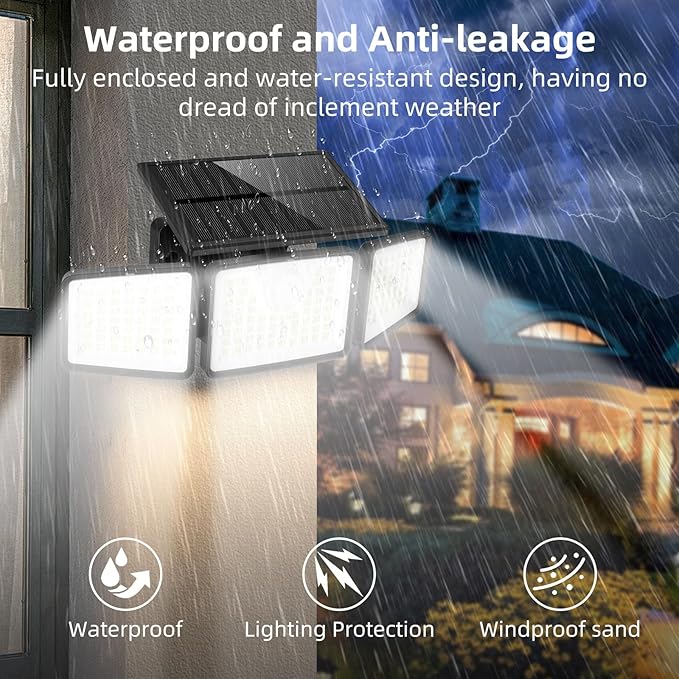 daphino 2500LM Solar Lights Outdoor with Motion Sensor,3 Head 270° Wide Angle Street Area Lights,IP65 Waterproof Security Lighting with 3 Modes(Remote,3 Pcs)