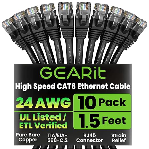 GEARit Cat 6 Ethernet Cable Pack - 10-Pack 1.5 ft Cat6 Ethernet Patch Cables | RJ45 Network Patch Cable, 10 Gbps Snagless Gold-Plated Connectors - Ethernet Cable Cat 6 for PC, TV, Router - Black