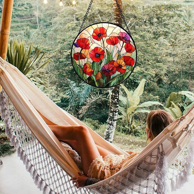 CRISGIF Stained Glass Window Hanging - Poppy Birth Flowers Suncatcher for Door Garden Yard Wildflowers Sun Catchers Decor Christmas Mother's Day Birthday Gifts for Women Mom Nana Friend 15 in