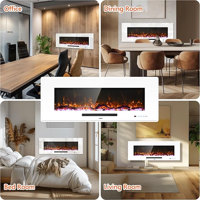 50" Electric Fireplace, Recessed & Wall Mounted Fireplace Heater 13 * 13 Colors Flame &Fuel Bed w/5 Dimmer, Touchscreen &Remote Control Temp, Overheating Protect, Hardwired, 1500W, White