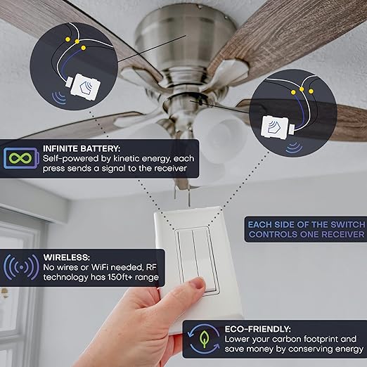 RunLessWire 3-Way Fan & Light Battery-Free DIY Kinetic Wireless Light Switch Kit for Bathrooms & Ceiling Fans: 2 Dual Remote Switches, Both Control 2 5A On/Off Receivers Separately – Brown
