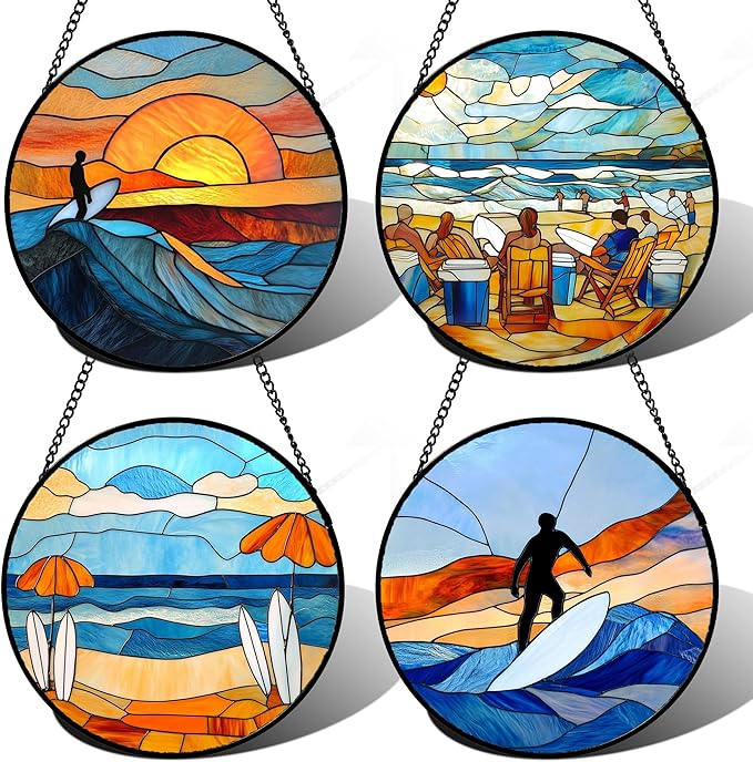 AMDERVEN Stained Glass Window Hanging 4 Pcs Set Blue Ocean Surfing Beach Large 15" - Suncatcher Door Garden Sun Catcher Decor Birthday Mother's Day for Firefighte Men Woman Nana Mom