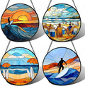 AMDERVEN Stained Glass Window Hanging 4 Pcs Set Blue Ocean Surfing Beach 9.8" - Suncatcher Door Garden Sun Catcher Decor Birthday Mother's Day for Firefighte Men Woman Nana Mom