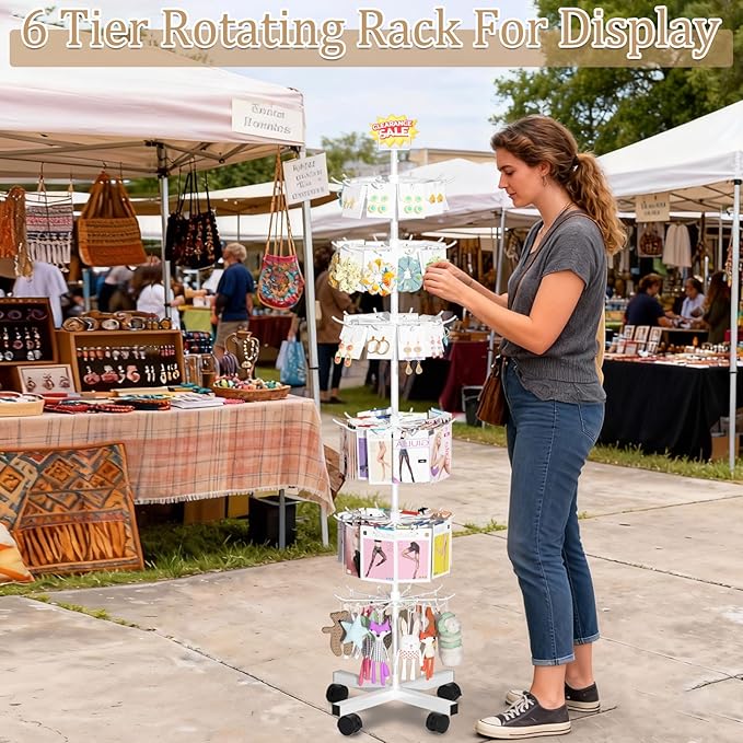 Exttlliy Retail Display Stand Store Display Rack 6 Tier Metal Spinning Display Stand Rack with Wheels Keychain Jewelry Stocking Hat Stand with Hooks for Malls, Showroom, Retail Store (6 Tier White)