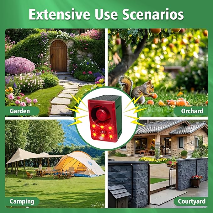 ChunHee Solar Outdoor Motion Sensor Alarm with Dog Barking Gunshot Sound, Support Recording and Adjustable Volume, 130db Loud Noise Maker 3 Work Modes Strobe Light for Home, Villa, Farm, Barn (2pack)